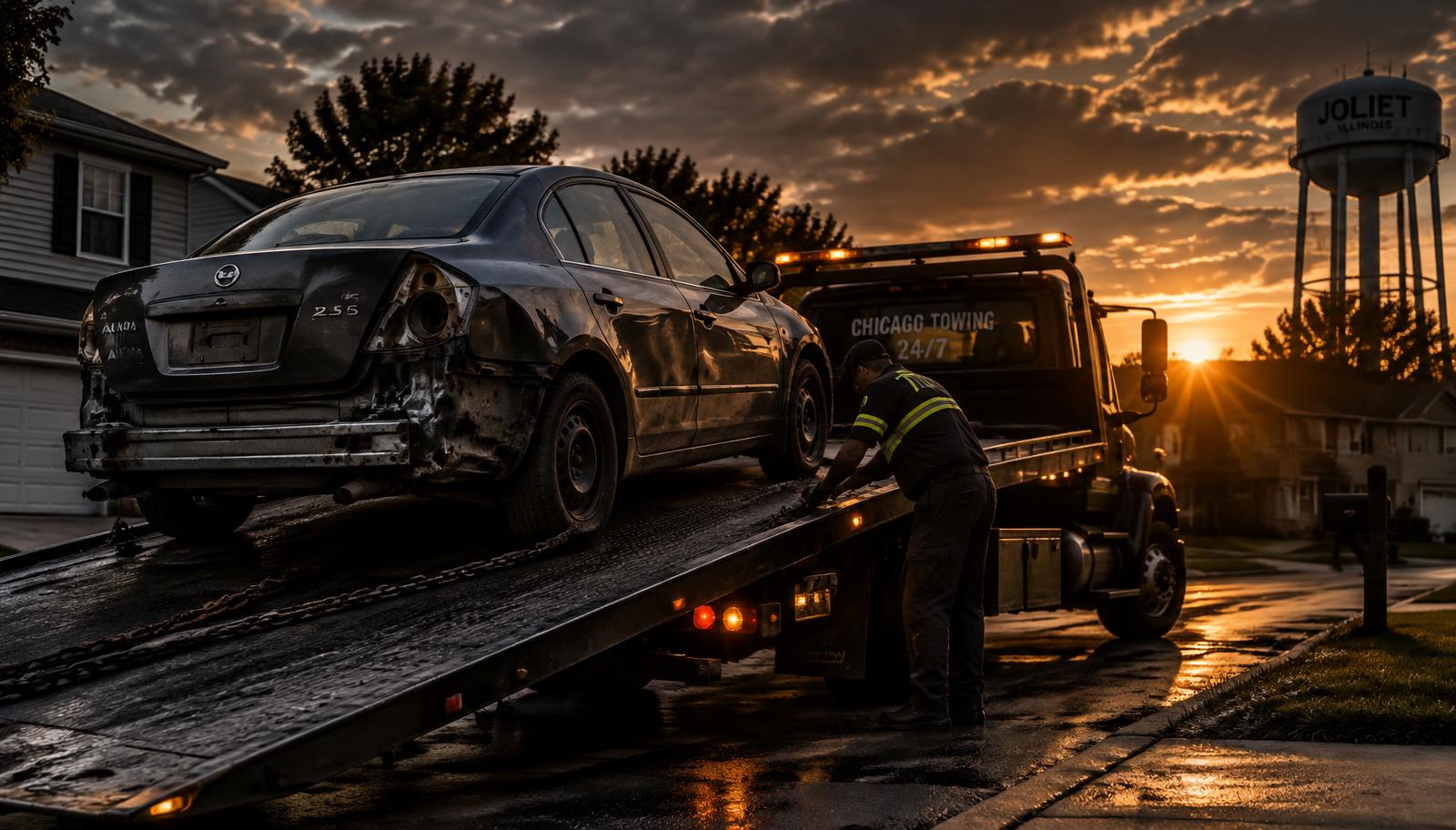 Junk car being loaded onto a flatbed tow truck for cash pickup in Lockport IL
